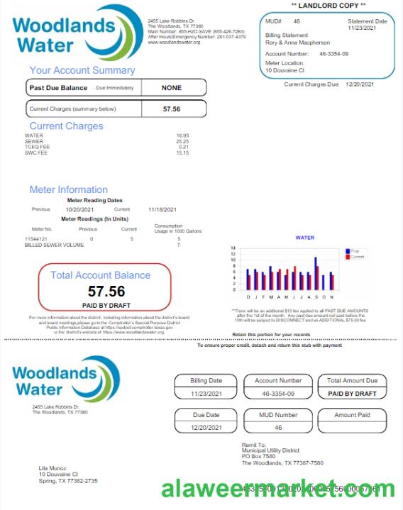 USA WOODLANDS WATER utility bill Word and PDF template